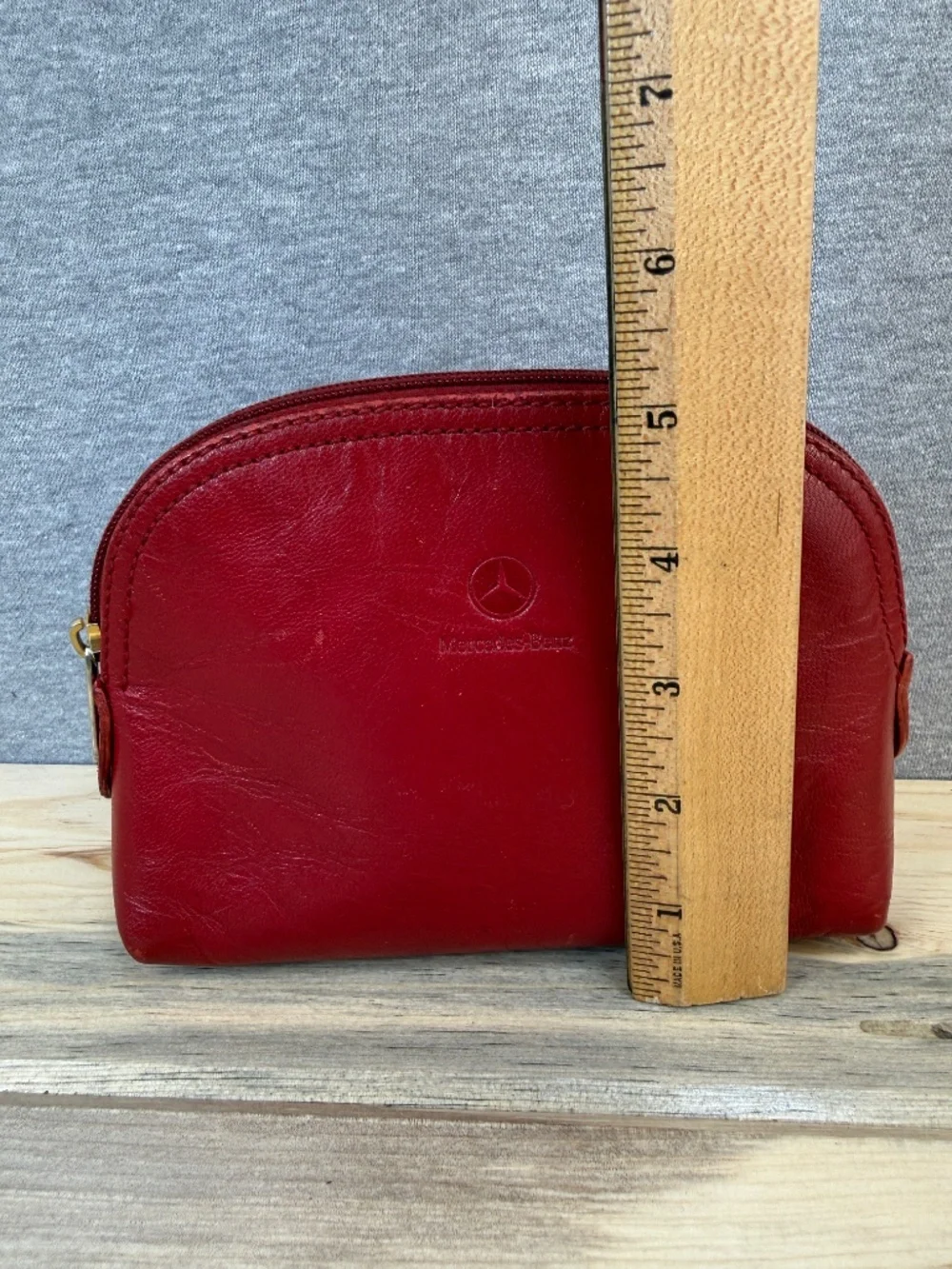 Mercedes Benz Red Leather Pouch Vintage Toiletries Zipper Case Bag Automobile